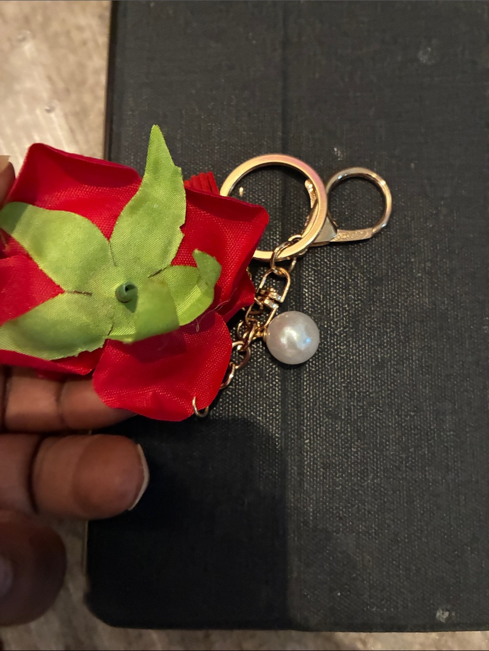 Red Rose Keychain with Gold Hardware and Pearl Accent - Picture 4 of 4